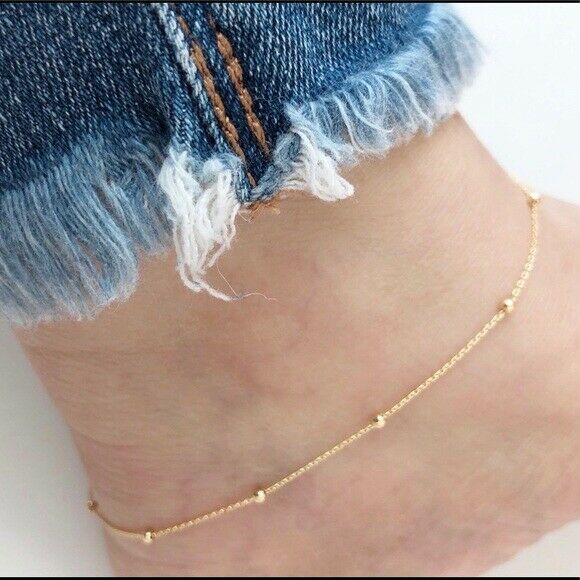 14K Solid Gold Bead Station Cable Chain Anklet - Yellow 9"-10" adjustable