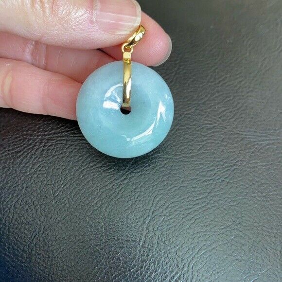 14K Solid Fine Real Yellow Gold Round Donut Natural Jadeite Jade Pendant