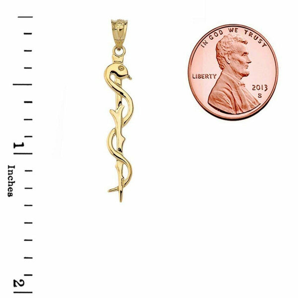 10k 14k Solid Gold Asclepius medicine Symbol Pendant Necklace Yellow White Rose
