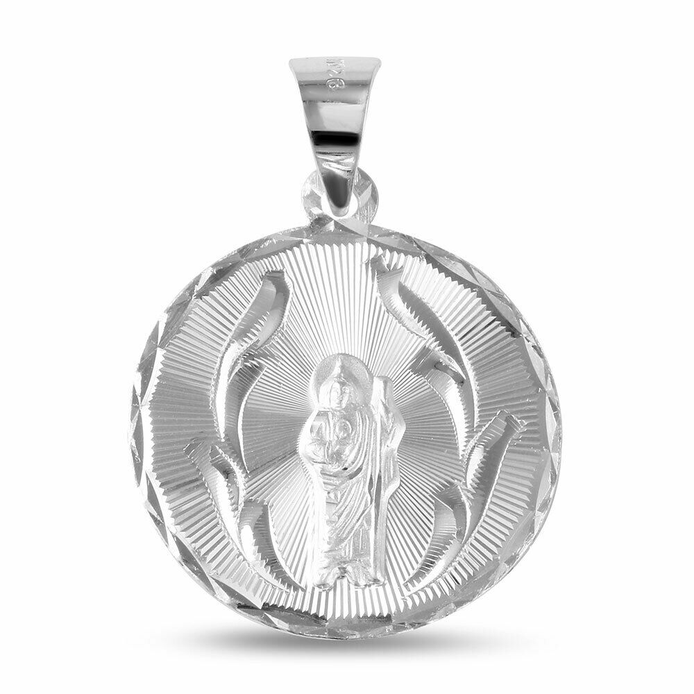 Fine Sterling Silver Diamond Cut Saint Jude Round Medallion Pendant Necklace