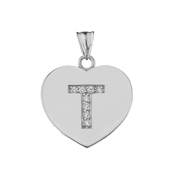 925 Sterling Silver CZ Initial Letter T Heart Pendant Necklace - 16" 18" 20" 22"