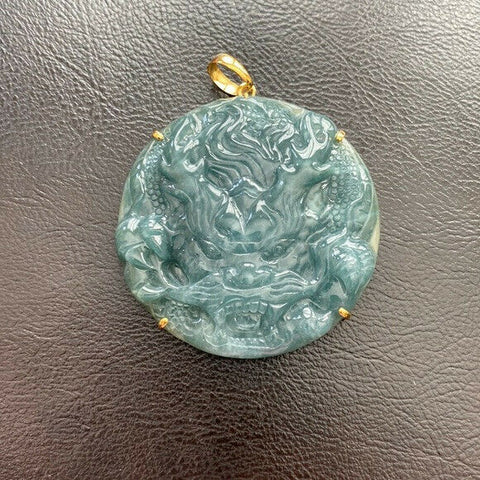 14K Solid Real Gold Carving Dragon Jade Pendant Large Round Men
