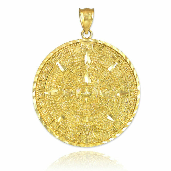 14K Yellow Gold Aztec Mayan Mexico Sun Calendar Pendant - Small, Medium, Large