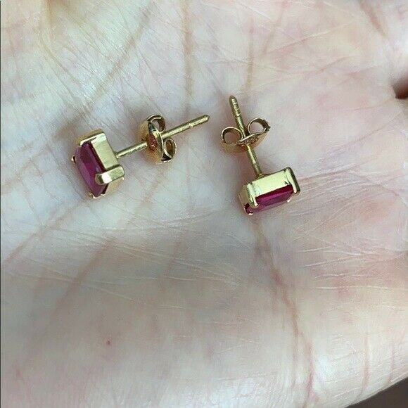 14K Solid Gold Square Shape Red CZ Stud Earrings - Minimalist
