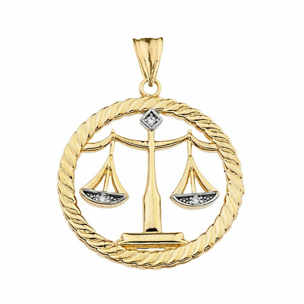 Solid 14k Yellow Gold Diamond Scales of Justice Rope Pendant Necklace