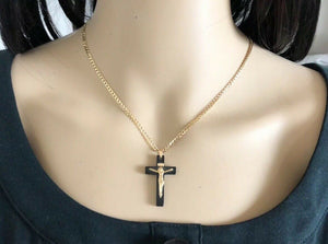 14K Yellow Gold Jesus Crucifix Black Cross Religious Pendant - PP7