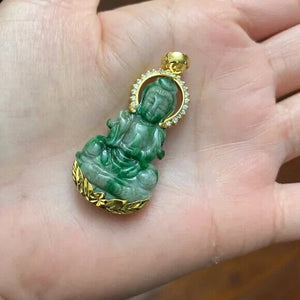14K Real Gold Natural Jadeit Jade Guanyin Kwan Yin Female Buddha Pendant Diamond