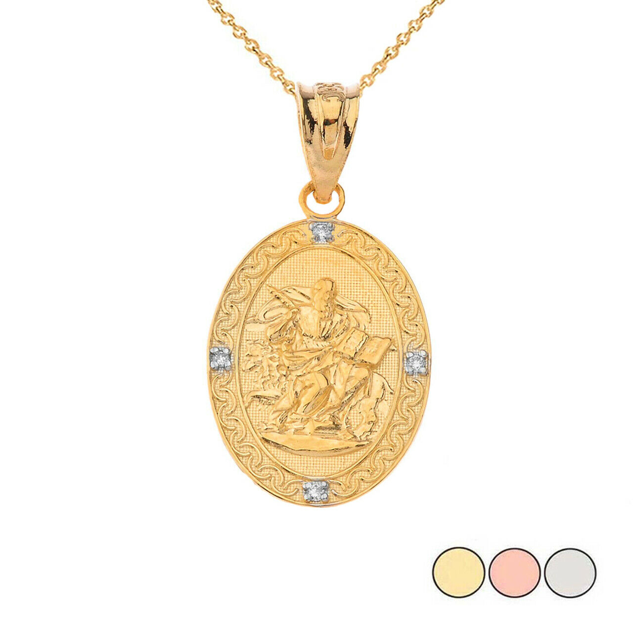 14k Solid Gold Saint Mark Oval Diamond Pendant Necklace