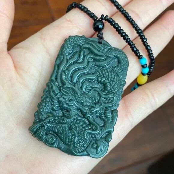 Large Nephrite Jade Carving Dragon Pendant Necklace Men