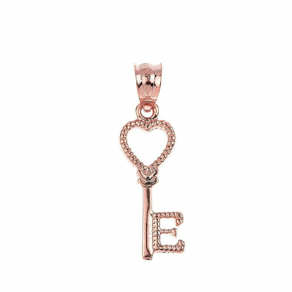 10k Real Rose Gold Open Love Heart Key Letter E Pendant Necklace Valentine's