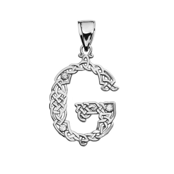 Sterling Silver CZ Celtic Knot Pattern Initial Letter G Pendant Charm Necklace