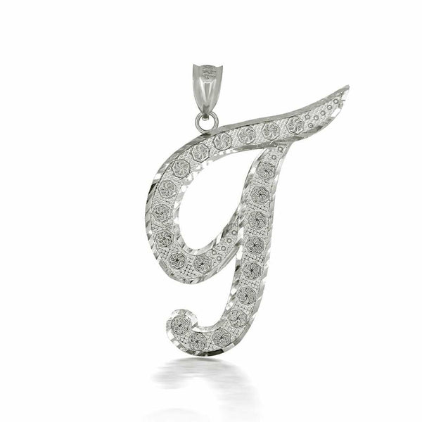 925 Sterling Silver Cursive Initial Letter T Pendant Necklace