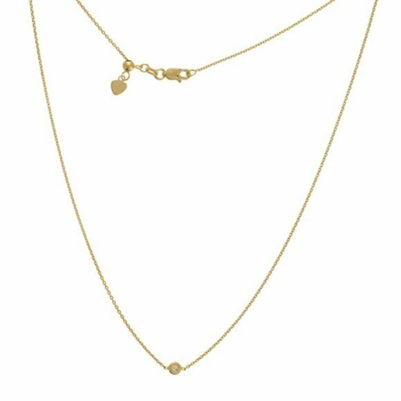 14K Solid Gold Diamond Bezel Set Choker Necklace 16" Adjust - Minimalist Rose