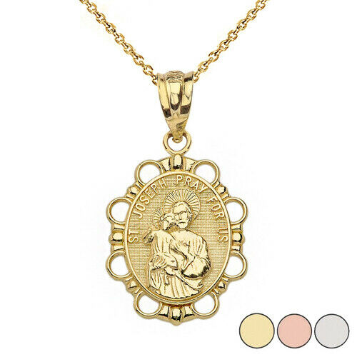 10k Solid Yellow Gold Saint Joseph Pray For Us Oval Pendant Necklace