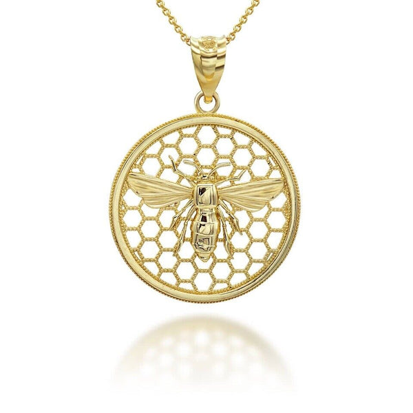 14K Solid Gold Queen Bee Honey Comb Pendant Necklace - Yellow, Rose, or White