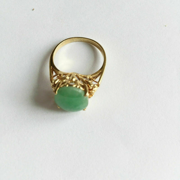 14K Solid Yellow Gold Oval Green Jade Women Ring Size 5.75