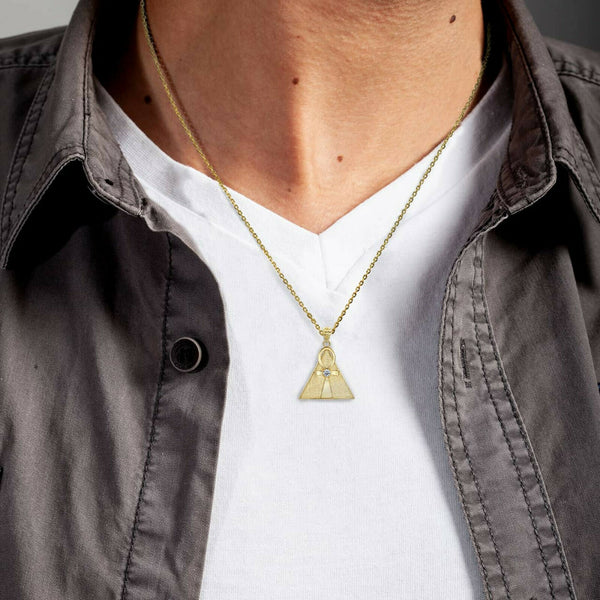 14K Solid Gold Egyptian Ankh Cross On A Pyramid Pendant Necklace