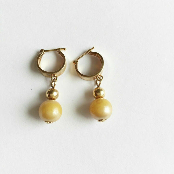 14K Solid Yellow Gold Dangle Balls Pearl earrings