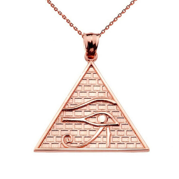 10k Solid Rose Gold Egyptian Pyramid Eye of Horus Pendant Necklace (13 Steps)