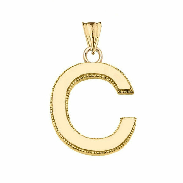 10k Solid Yellow Gold Small Milgrain Initial Letter C Pendant Necklace