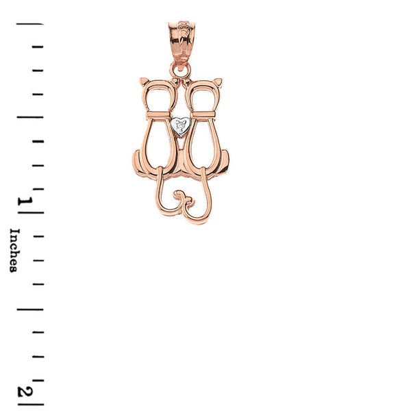 14K Solid Gold A Pair of Love Cats Heart Diamond Pendant Necklace