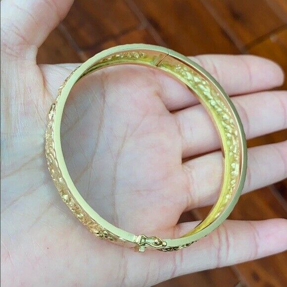 18K Real Solid Yellow Gold Engraved Dragon Phoenix Bangle Bracelet 56 mm