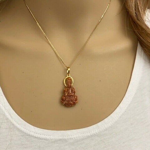 14K Real Gold Natural Jadeite Red Jade Guanyin Kwan Yin Female Buddha Pendant