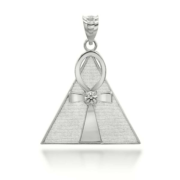 14K Solid Gold Egyptian Ankh Cross On A Pyramid Pendant Necklace
