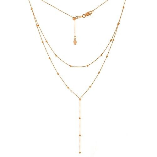 14K Solid Rose Real Gold Layering Drop Dangle Bead Choker Necklace - Adjustable