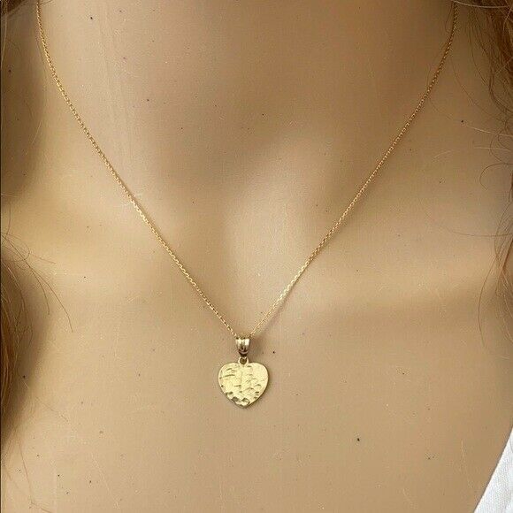 10k Yellow Gold Hammered Mini Small Heart Pendant Necklace