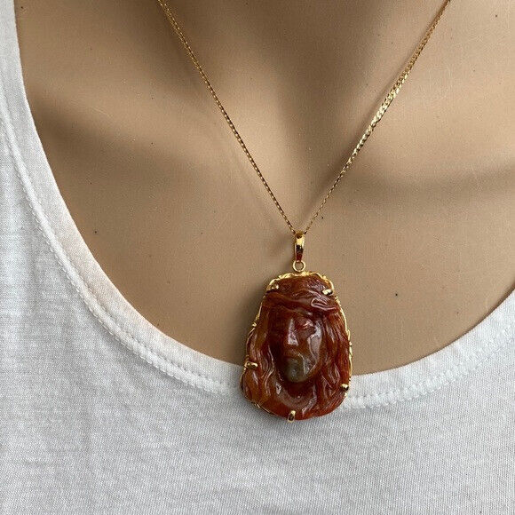 14K Real Solid Gold Red Jade Carved Jesus Christ Head Pendant Charm