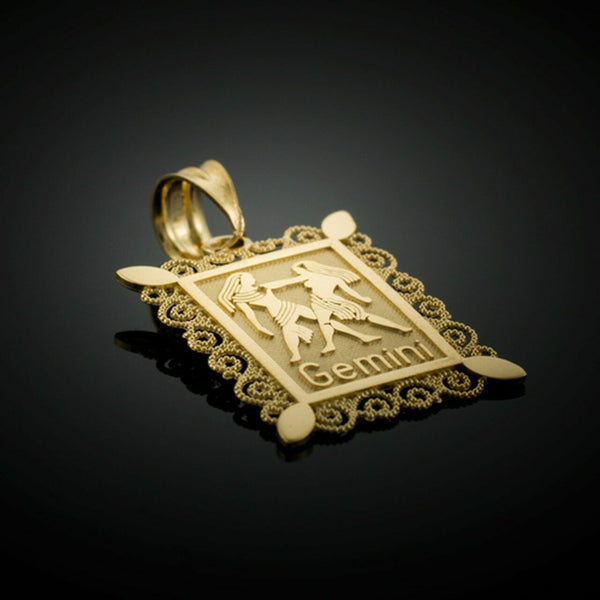 14k Solid Gold Gemini Zodiac Sign Filigree Rectangular Pendant Necklace
