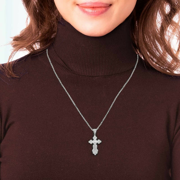 .925 Sterling Silver Orthodox Crucifix Cross Pendant Necklace