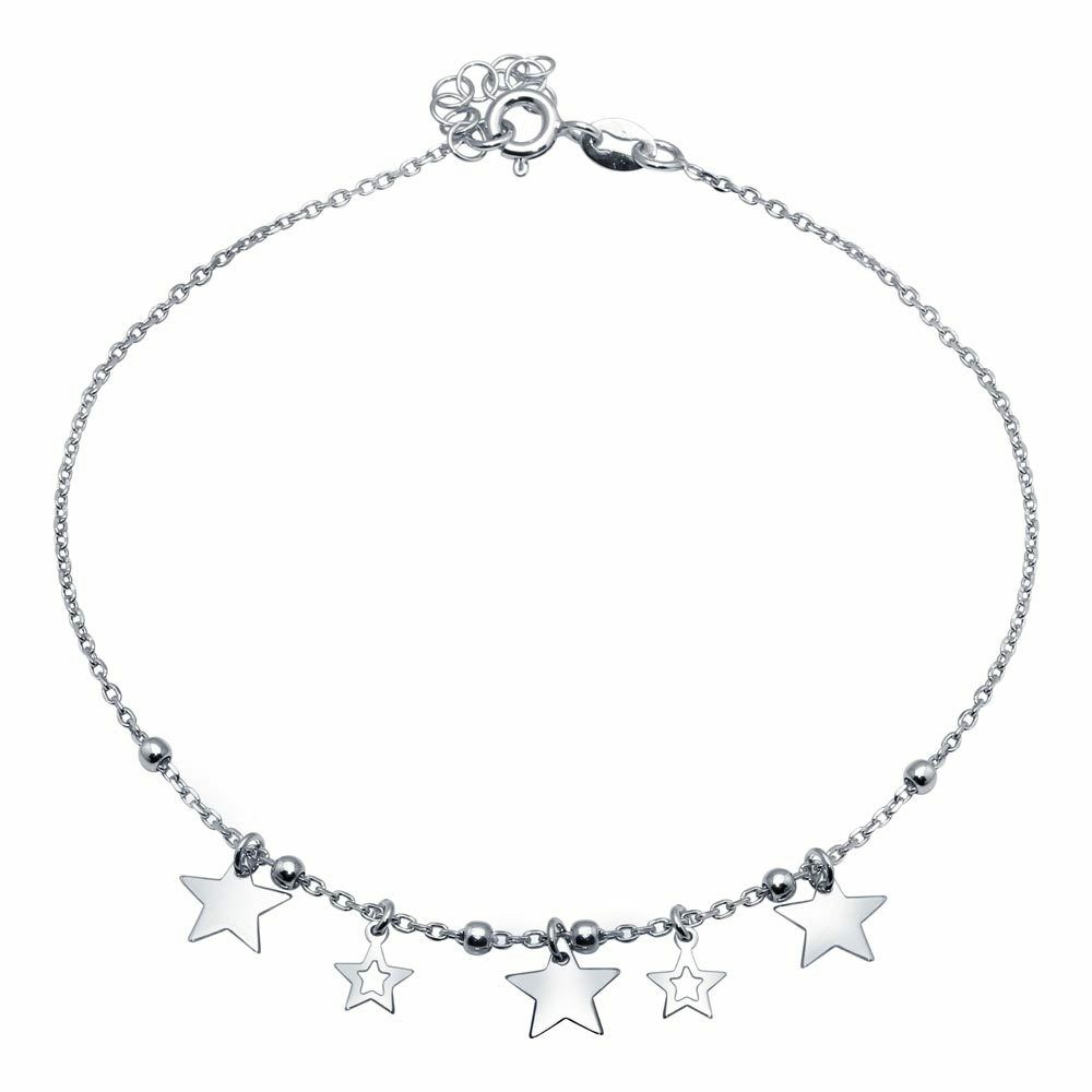 NWT Sterling Silver 925 Rhodium Plated Star Charms Anklet 9"-10"