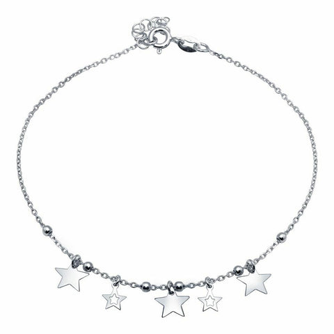 NWT Sterling Silver 925 Rhodium Plated Star Charms Anklet 9"-10"