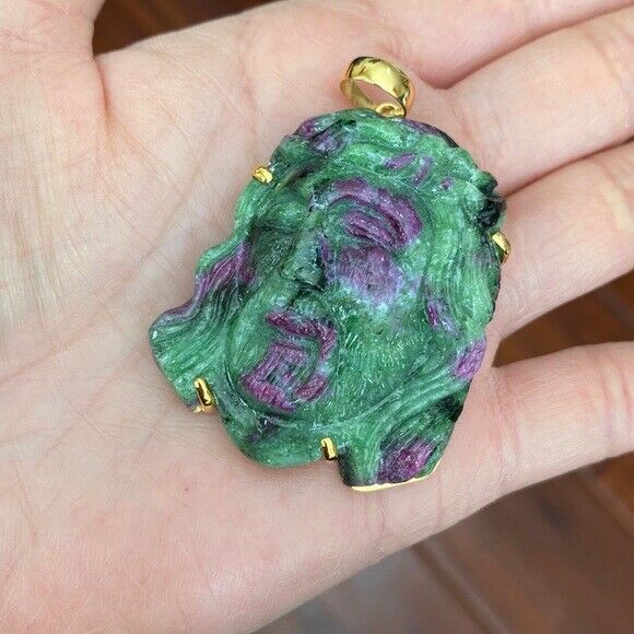 14K Real Solid Gold Natural Ruby Carved Jesus Christ Head Pendant Charm Large