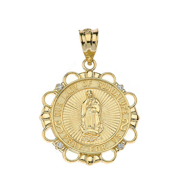 14k Solid Gold Diamond Our Lady of Guadalupe Pray For Us Pendant Necklace