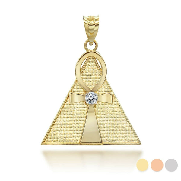 14K Solid Gold Egyptian Ankh Cross On A Pyramid Pendant Necklace