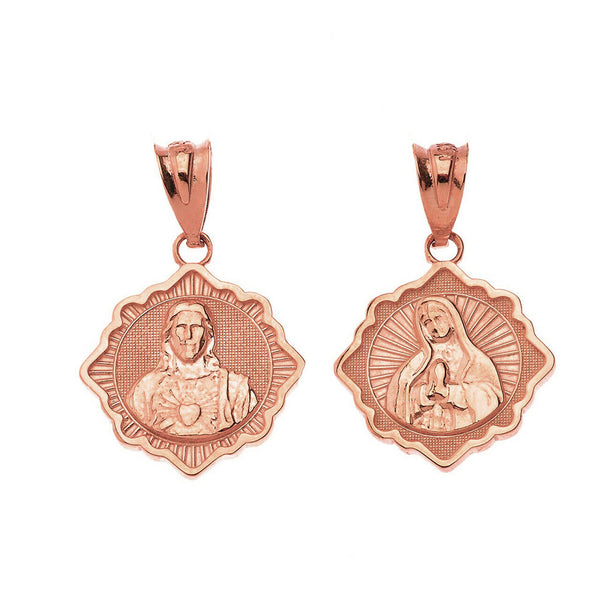 14K Solid Gold Reversible Virgin Mary and Jesus Christ Pendant Necklace