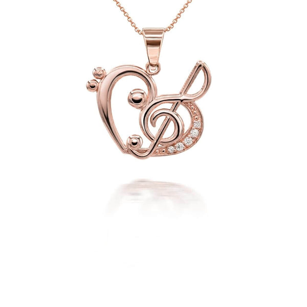 14K Solid Gold Music Heart Treble Clef Pendant Necklace - Yellow, Rose, or White