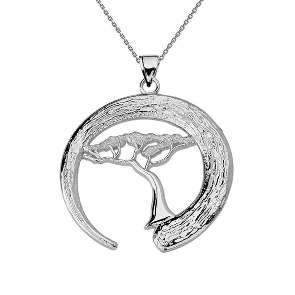 925 Sterling Silver Japanese Buddhist Zen Circle w/ Bonsai Tree Pendant Necklace