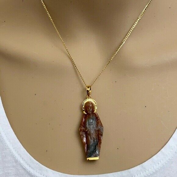 14K Solid Gold The Blessed Virgin Mary Carved Natural Red Jade Pendant