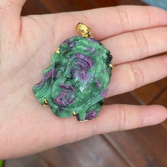 14K Real Solid Gold Natural Ruby Carved Jesus Christ Head Pendant Charm Large