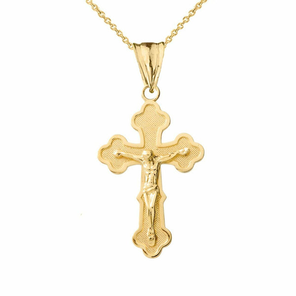 Solid Yellow Gold 14K Greek Orthodox Crucifix Cross Pendant Necklace