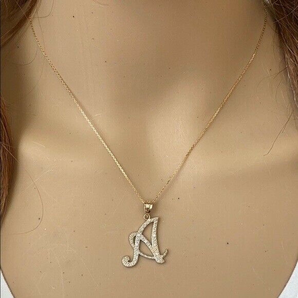 14k Solid Yellow Gold Diamonds Initial Script Letter D Pendant Necklace