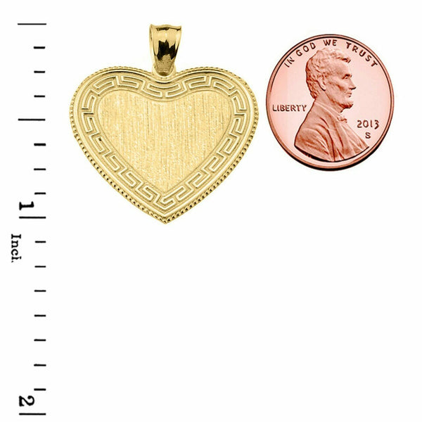 Solid 14k Yellow Gold Greek Key Engravable Heart Pendant Necklace