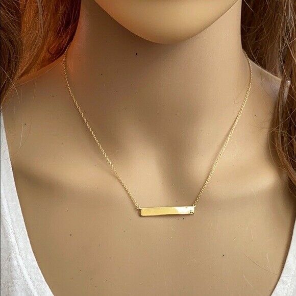 Fine Silver Yellow Gold Minimalist Horizontal Bar Geometric Diamond Necklace