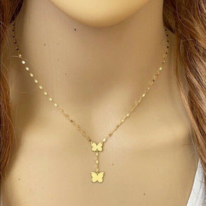 14K Solid Real Yellow Gold Butterfly Drop Dangle Kid Necklace 15" adjustable