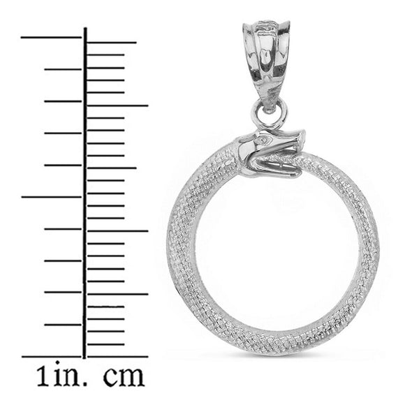 Solid 10k White Gold Egyptian Alchemy Ouroboros Snake Circle Pendant Necklace