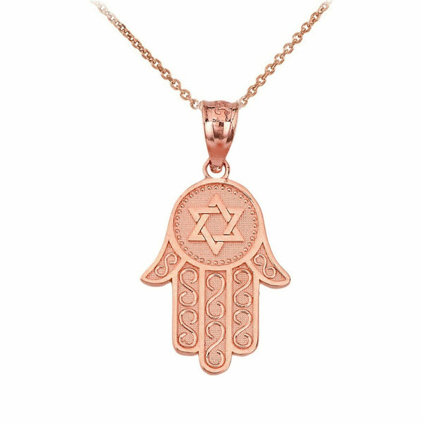 10k or 14k Solid Gold Star Of David Hamsa Hand Textured Pendant Necklace